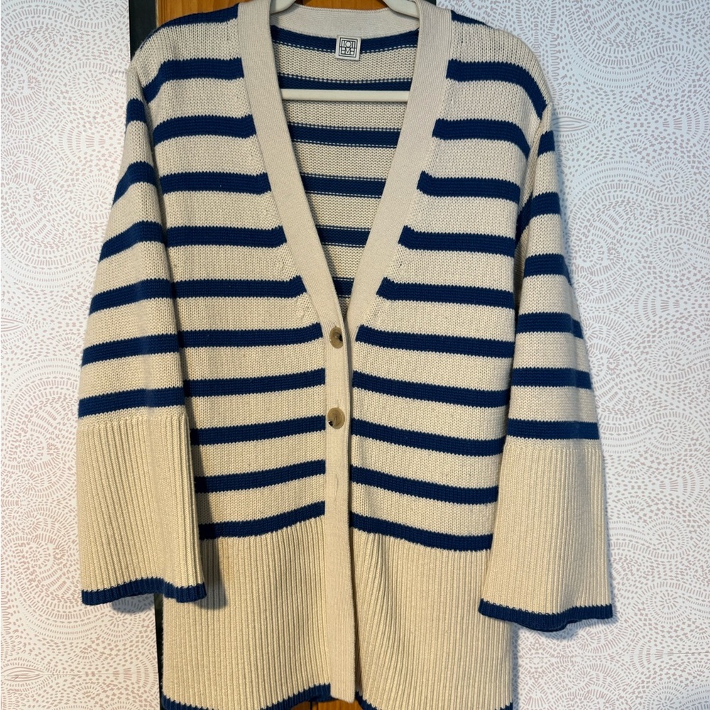 Toteme Beige and Navy Striped Cardigan